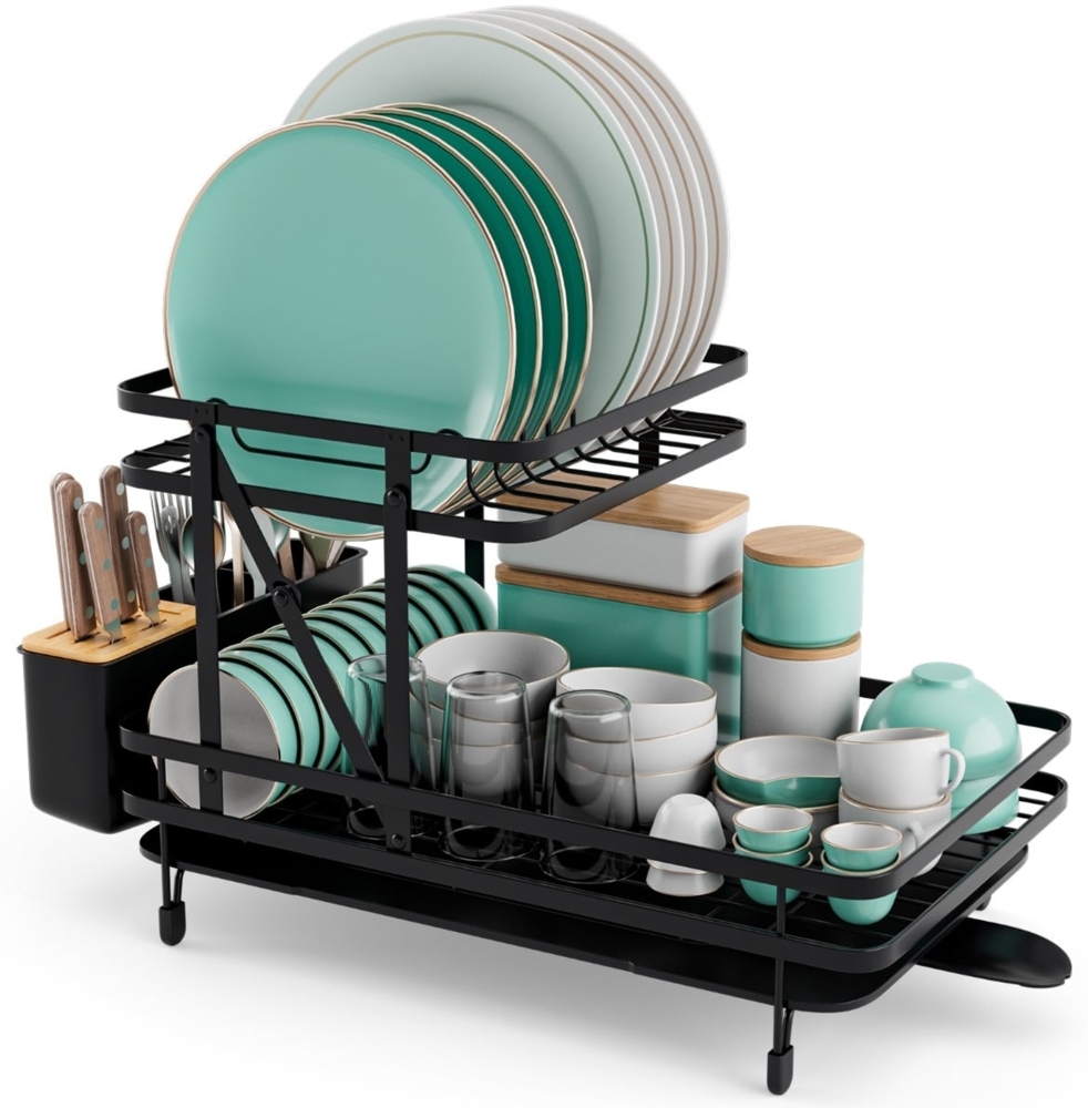 Abtropfgestell 2-Stöckiger Zusammenklappbarer Geschirrkorb aus Metall Schwarz Bild 1