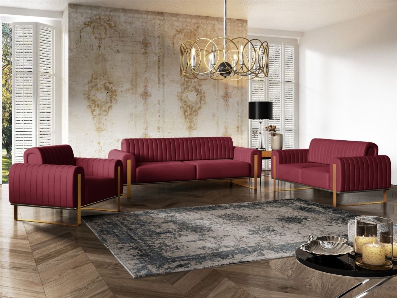 Sofaset Designersofas VALERIE 3-2-1 in Stoff Elisa Velvet Bordeauxrot Bild 1