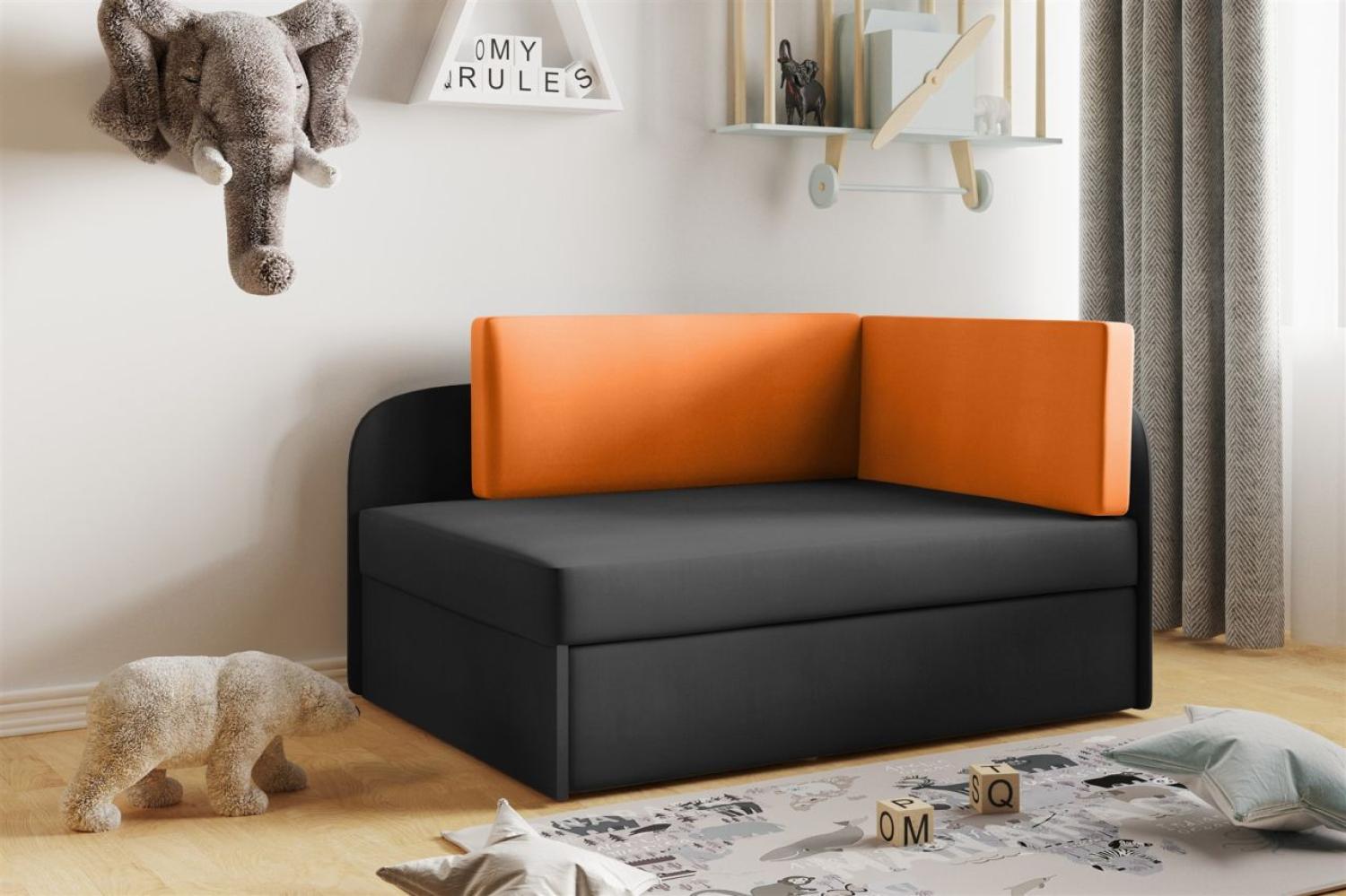 Sofa Kindersofa Schlafsofa inkl. Bettkasten MAILO Seite Links Stoff Schwarz-Orange Bild 1