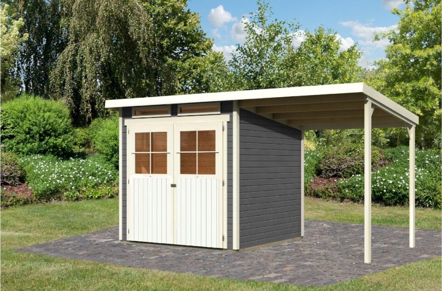 Karibu Gartenhaus 19mm Glücksburg 3 mit Anbau 397x217 cm terragrau Bild 1