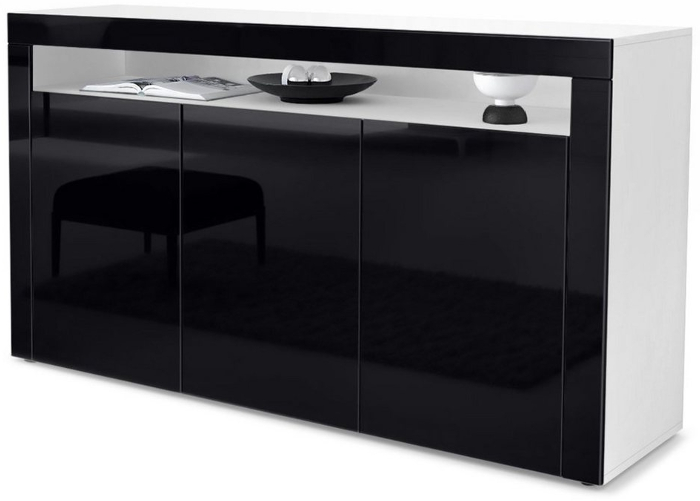 Vladon Sideboard Valencia, Kommode mit 3 Türen und 1 offenem Fach, Weiß matt/Schwarz Hochglanz/Schwarz Hochglanz (155 x 92 x 40 cm) Bild 1