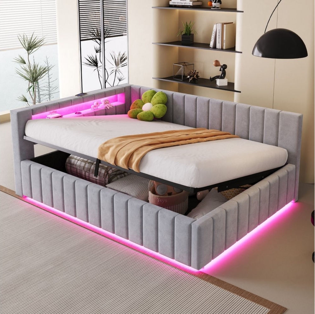 Merax Daybett 140x200 cm mit hydraulischem Stauraum (1 tlg), Polsterbett Tagesbett Schlafsofa mit LED, USB & Rückenlehne, Samt Bild 1