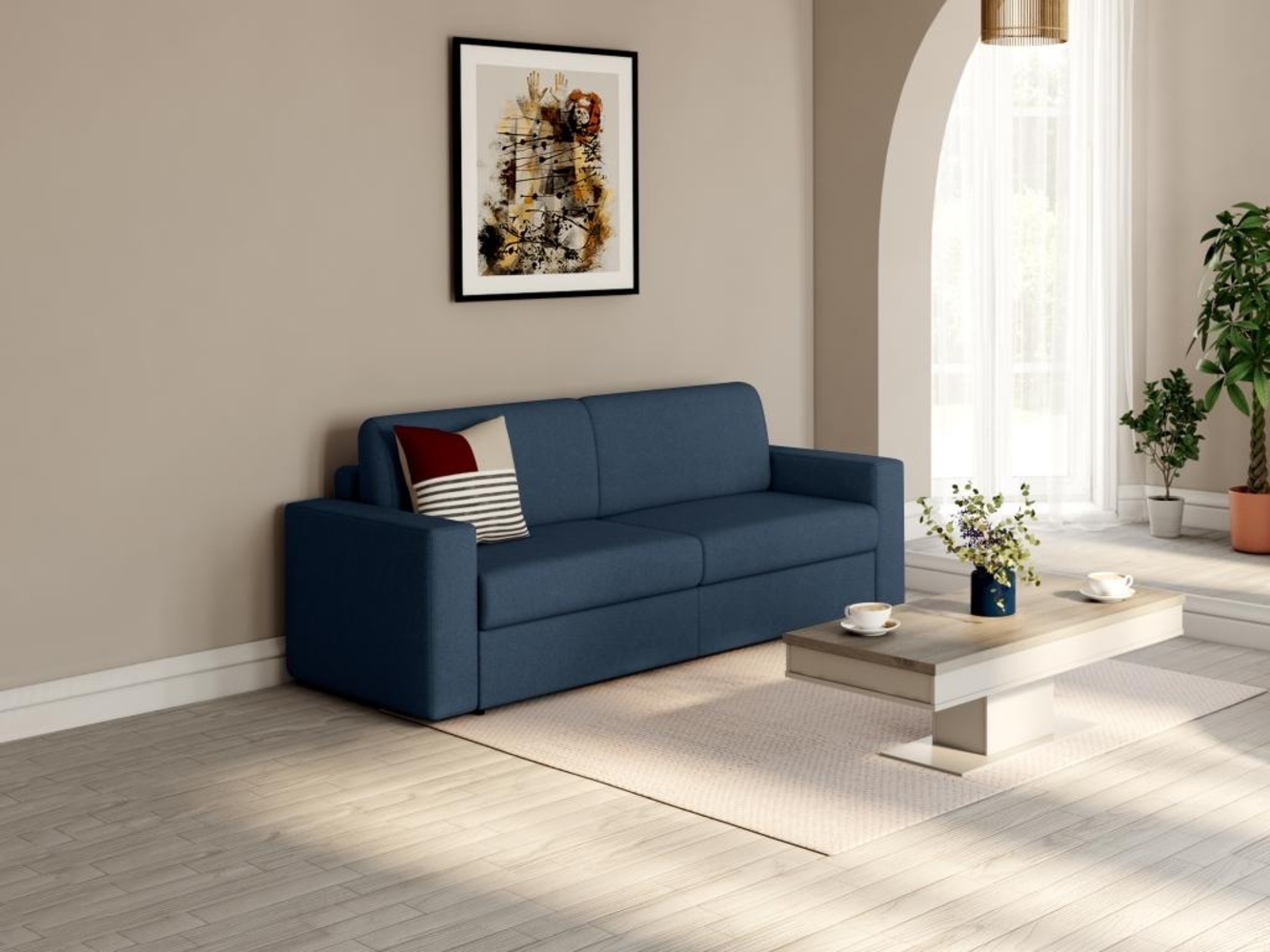 Vente-unique - Sofa - 3-Sitzer - Mit Matratze - Stoff - Dunkelblau - COGLIO Bild 1