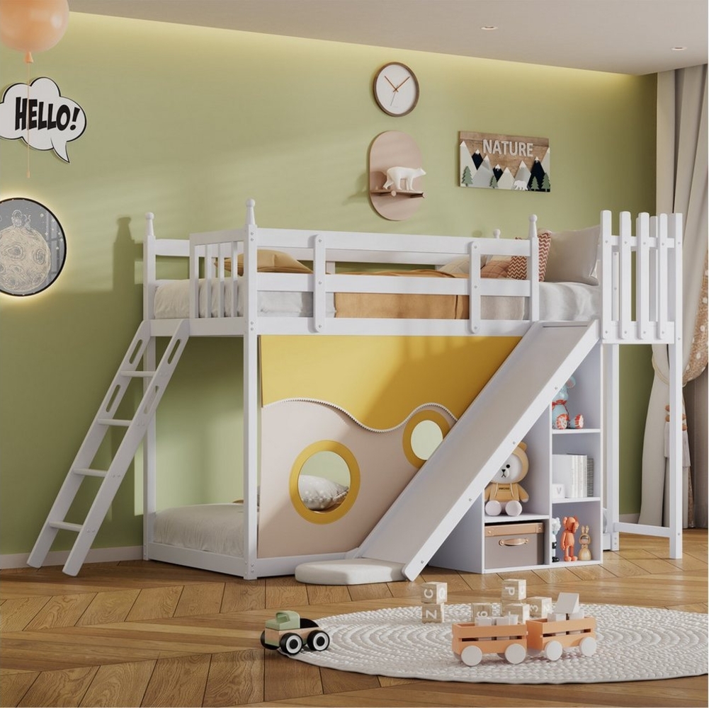 TavilaEcon Etagenbett Kinderbett Holzbett mit Treppe und Zäune, mit Fallschutz und Gitter, mit Bettvorhang, Rutsche und Regal, 90x200 cm Bild 1