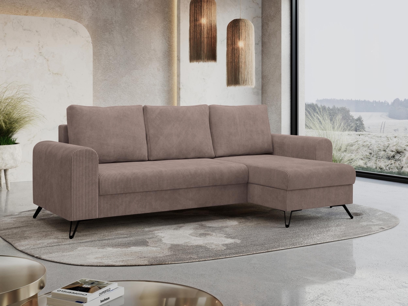 Ecksofa Wohnzimmer aus Cordstoff mit Schlaffunktion - HUGO-lin - Rosa Velours Bild 1