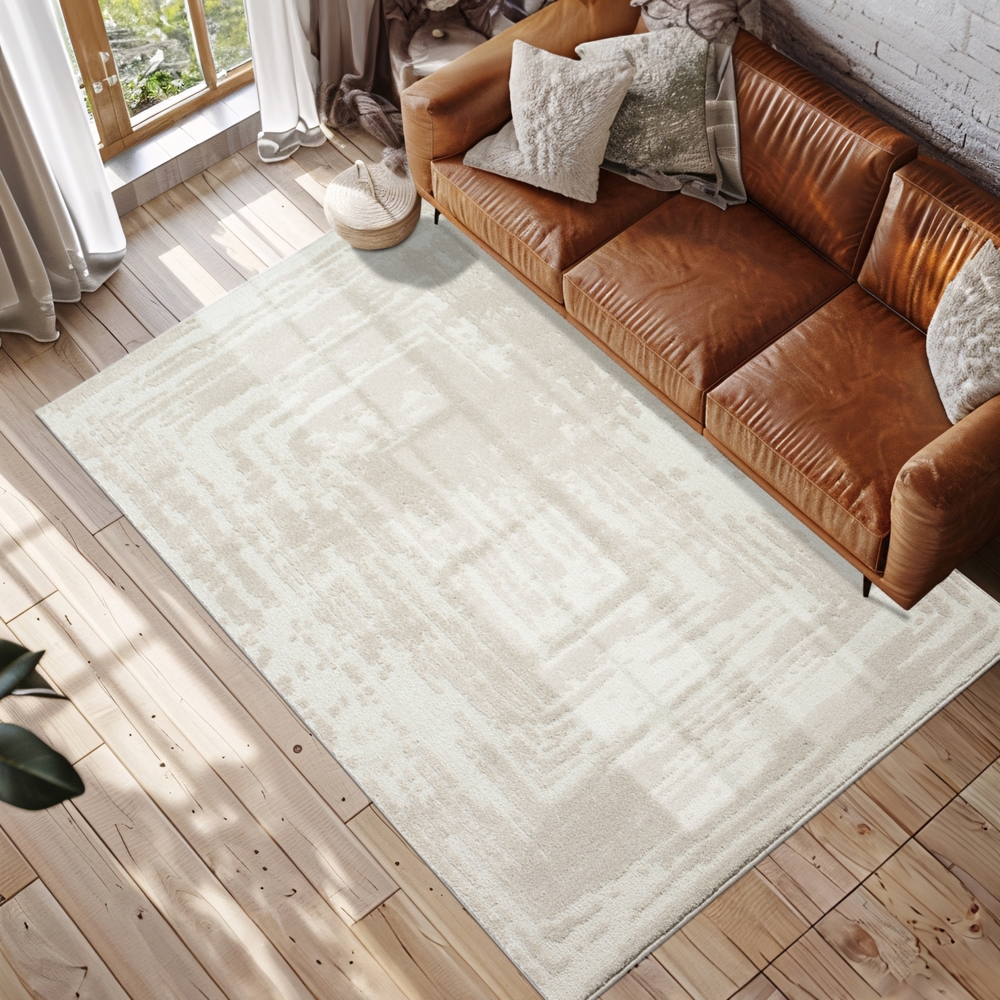 Teppich Läufer Kurzflor Beige 80x150cm Flur Wohnzimmer Geometrisch Melierte Muster mit Hoch-Tief-Effekt, 3D Effekt, Weich Bild 1