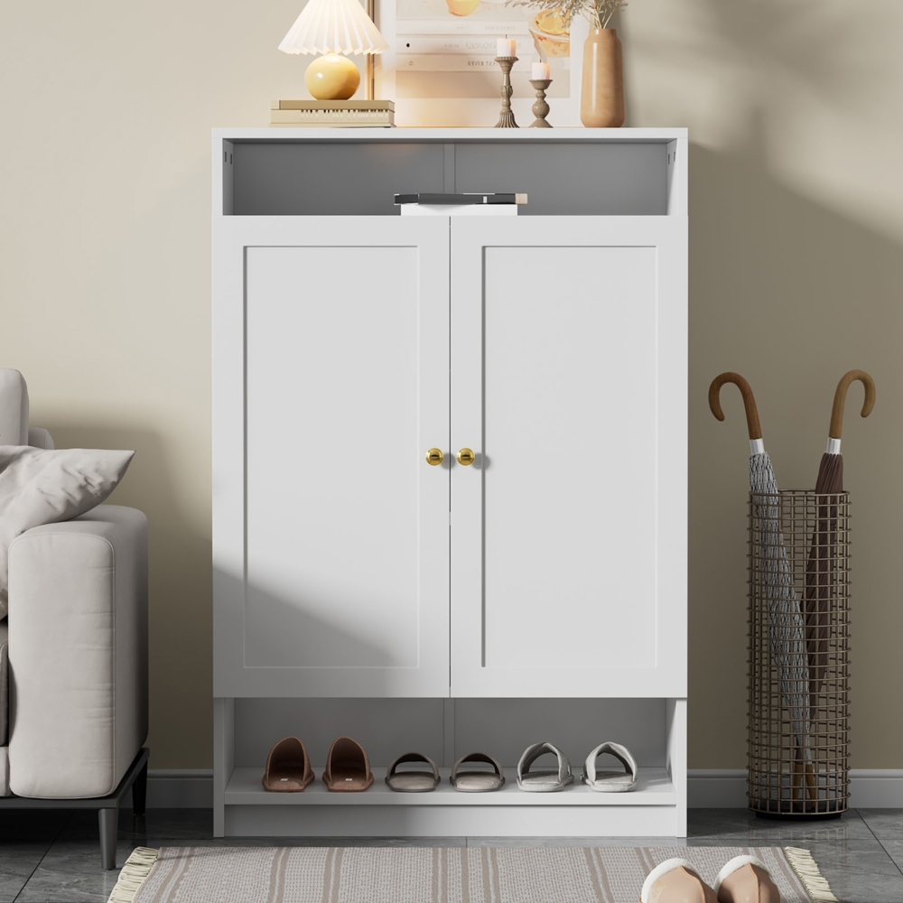 Merax Schuhschrank, mit verstellbaren Regalen, goldenen Griffen, Schuhkommode mit 2 Türen, weiß, B73/D34/H109 Bild 1