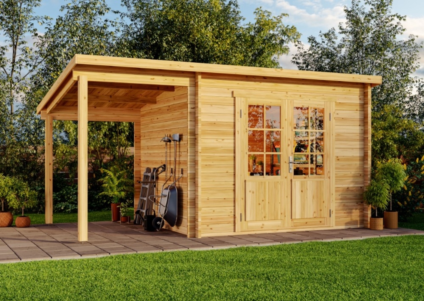 Alpholz Pultdach Gartenhaus Maria mit Schleppdach Gartenhaus aus Holz in Pinie Holzhaus mit 40 mm Wandstärke inklusive Schleppdach Blockbohlenhaus mit Montagematerial Bild 1