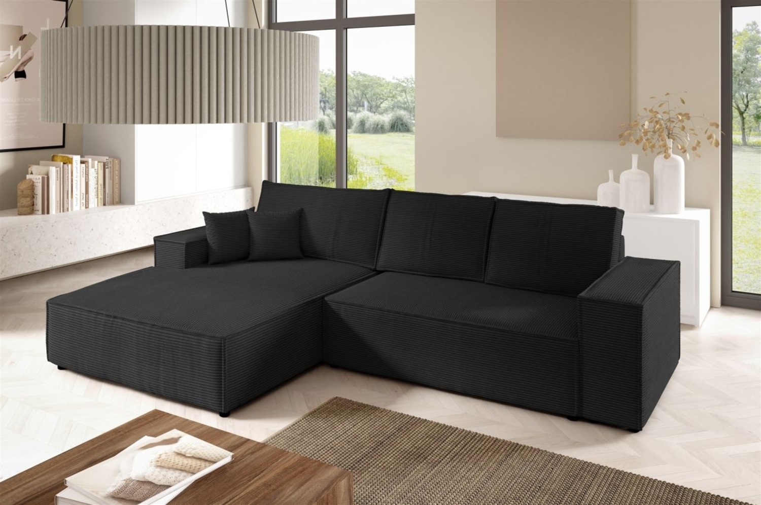 Ecksofa Schlafsofa CORUNIA Stoff Poso Schwarz Ottomane Links Bild 1