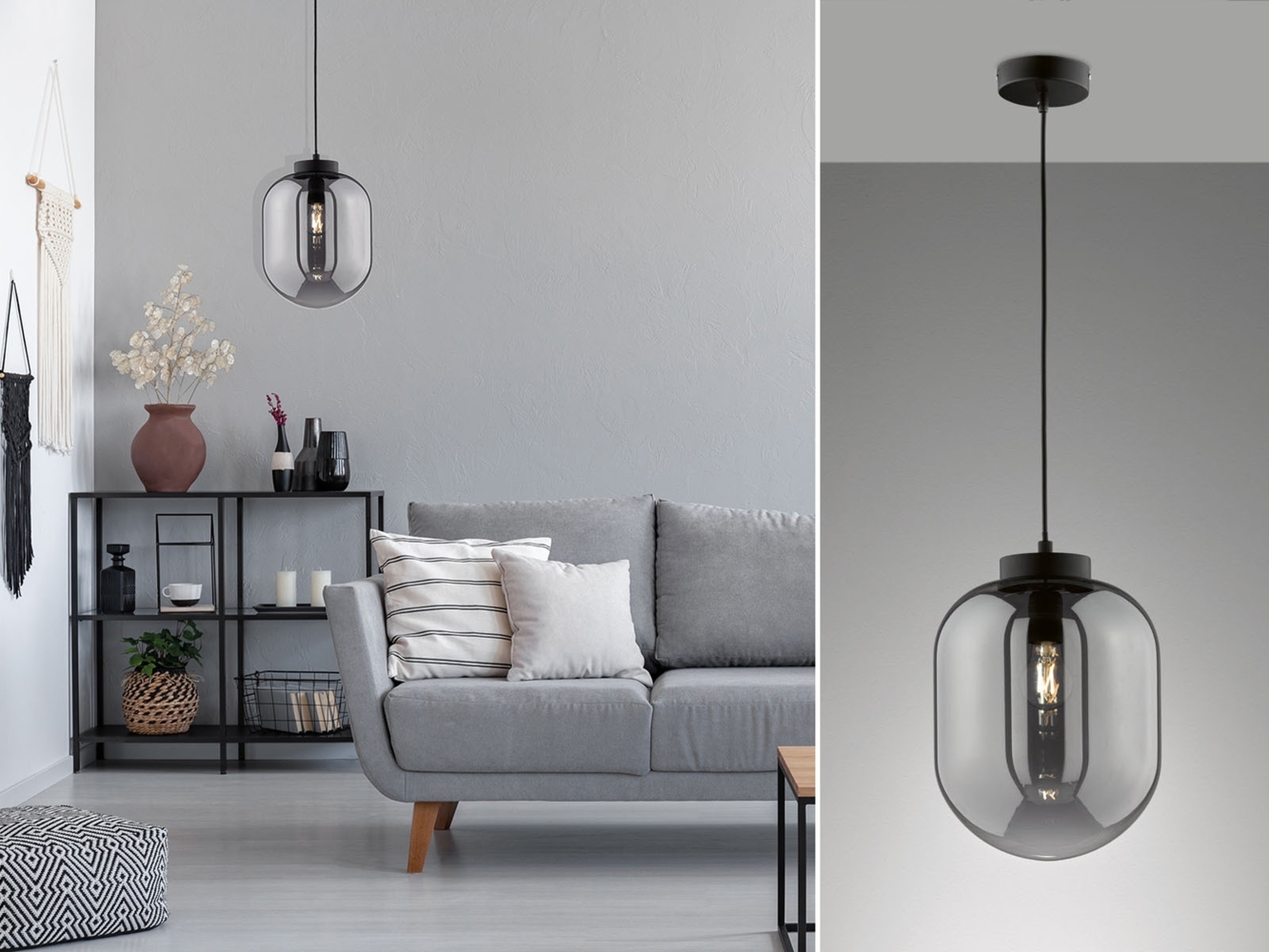 LED Pendelleuchte Industrial 1-flammig Rauchglas Glaskugel, Ø 24cm Bild 1