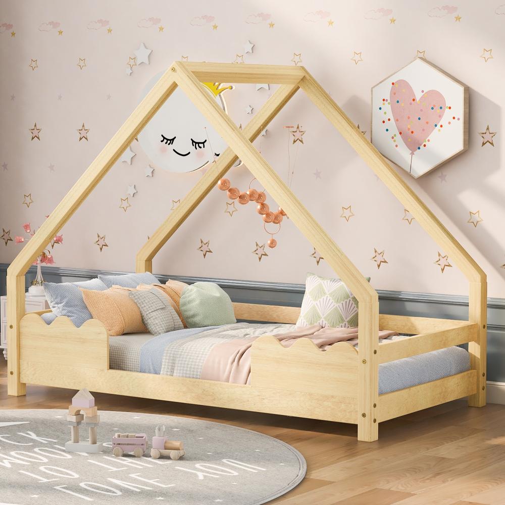 Merax Hausbett Kinderbett 90x200cm mit Rausfallschutz Spielbett Jugendbett Massivholz in Natur Bild 1