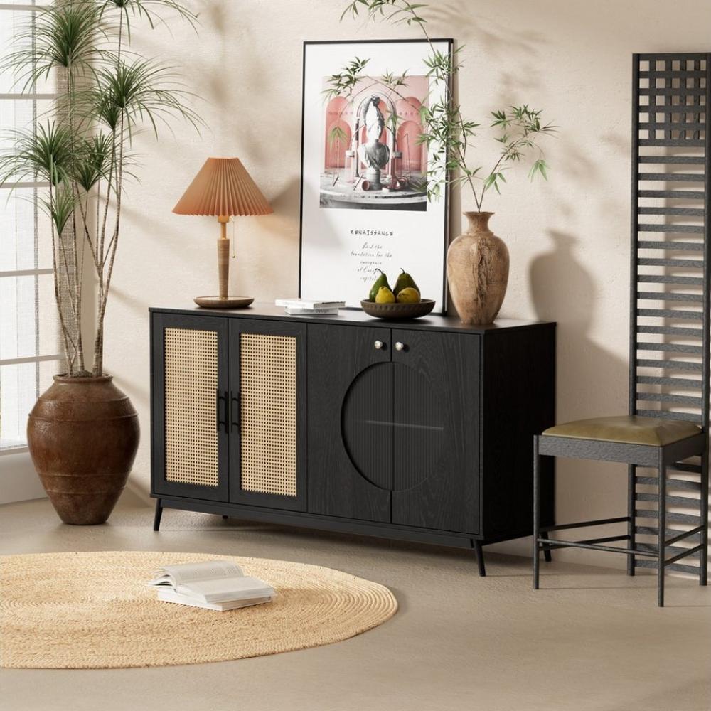 HAUSS SPLOE Sideboard mit Glastüren aus Rattan, halbrunde Tür für Wohnzimmer schwarz (4 Türen), modernes Design Bild 1