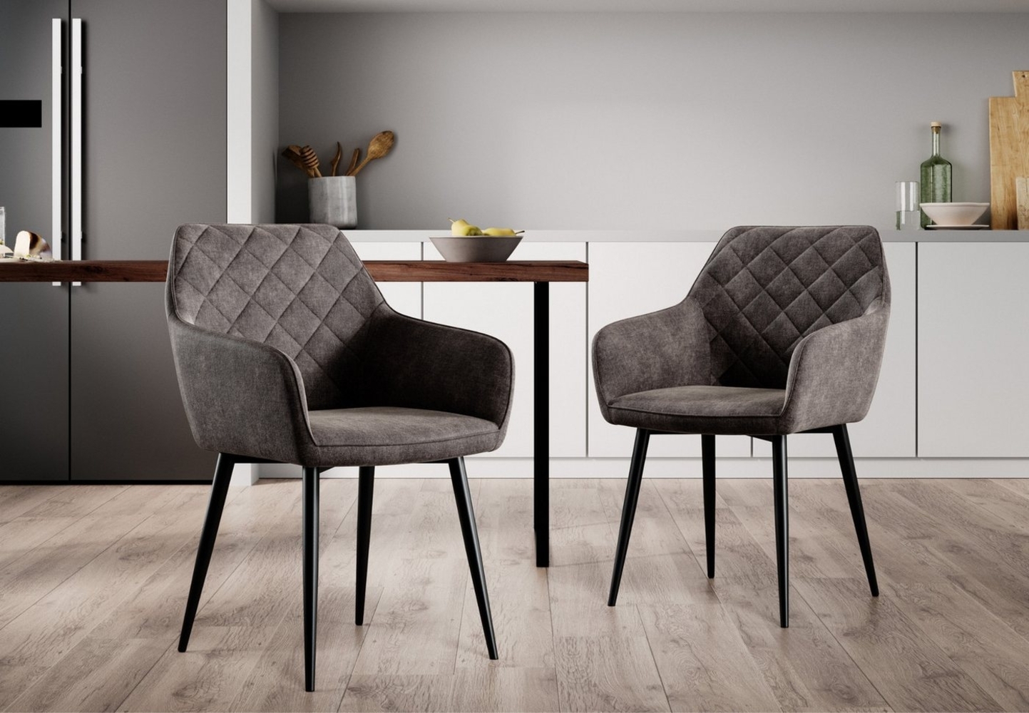Home Collective Esszimmerstuhl Küchenstuhl Bürostuhl aus Stoff mit schwarzen Metallbeinen (Maße Stuhl: 57 x 57 x 65 cm, Sitzhöhe: 47 cm), 2er-Set, bequem gepolstert, höhenverstellbaren Standfüßen, dunkel grau Bild 1