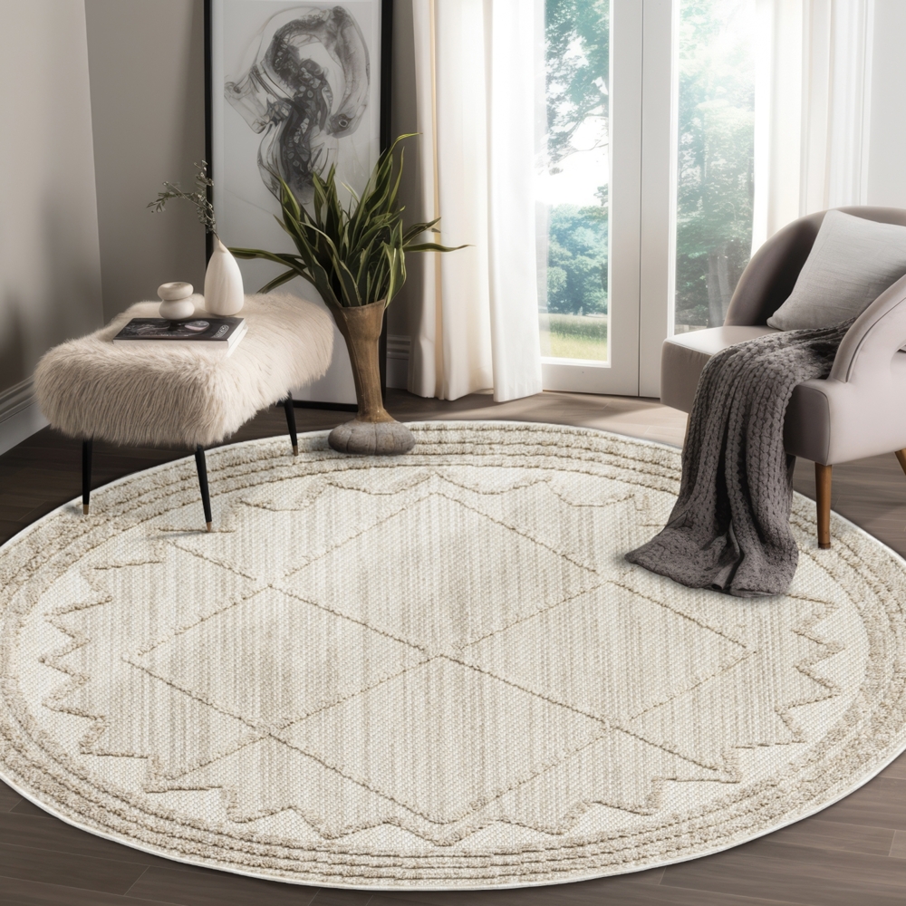 Teppich Rund - 200x200cm - Beige - Geometrische Raute Meliert Muster - Boho Frasen Teppiche - Wohnteppich Deko Bild 1