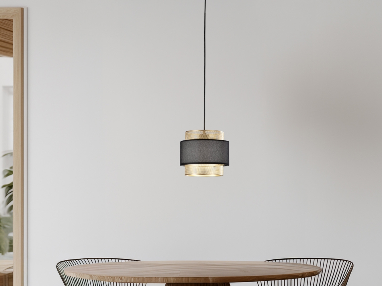 LED Hängelampe einflammig, Metall Gold mit Stoffblende Schwarz, Ø 21cm Bild 1