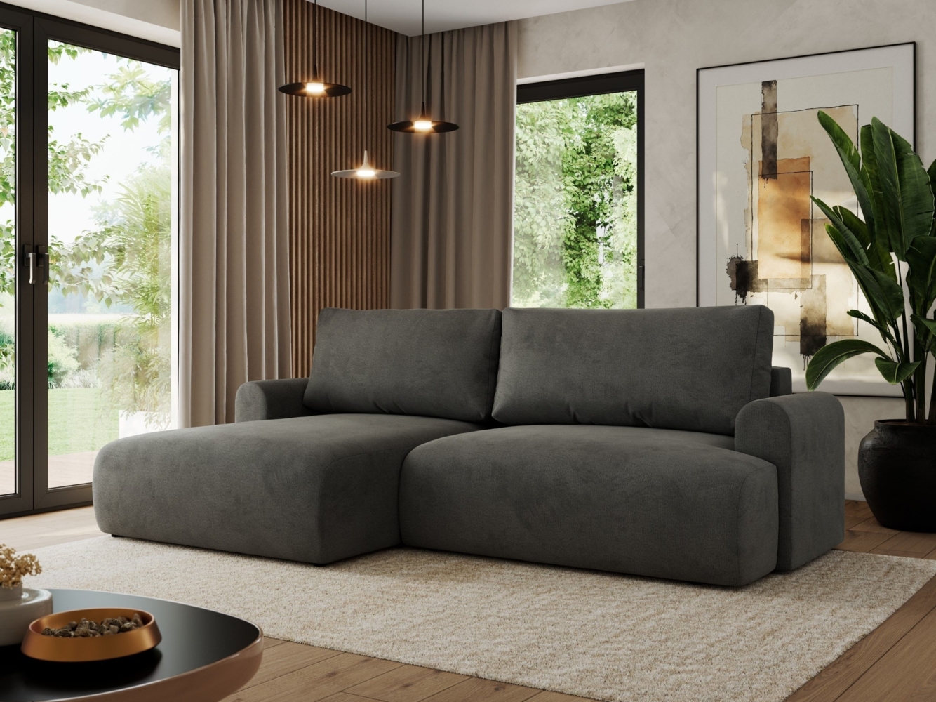 L-förmiges Ecksofa mit losen Kissen und Armlehnen für das Wohnzimmer, Ecksofa mit Schlaffunktion, Bettkästen - TONO - Dunkelgrau Velours - linke Seite Bild 1