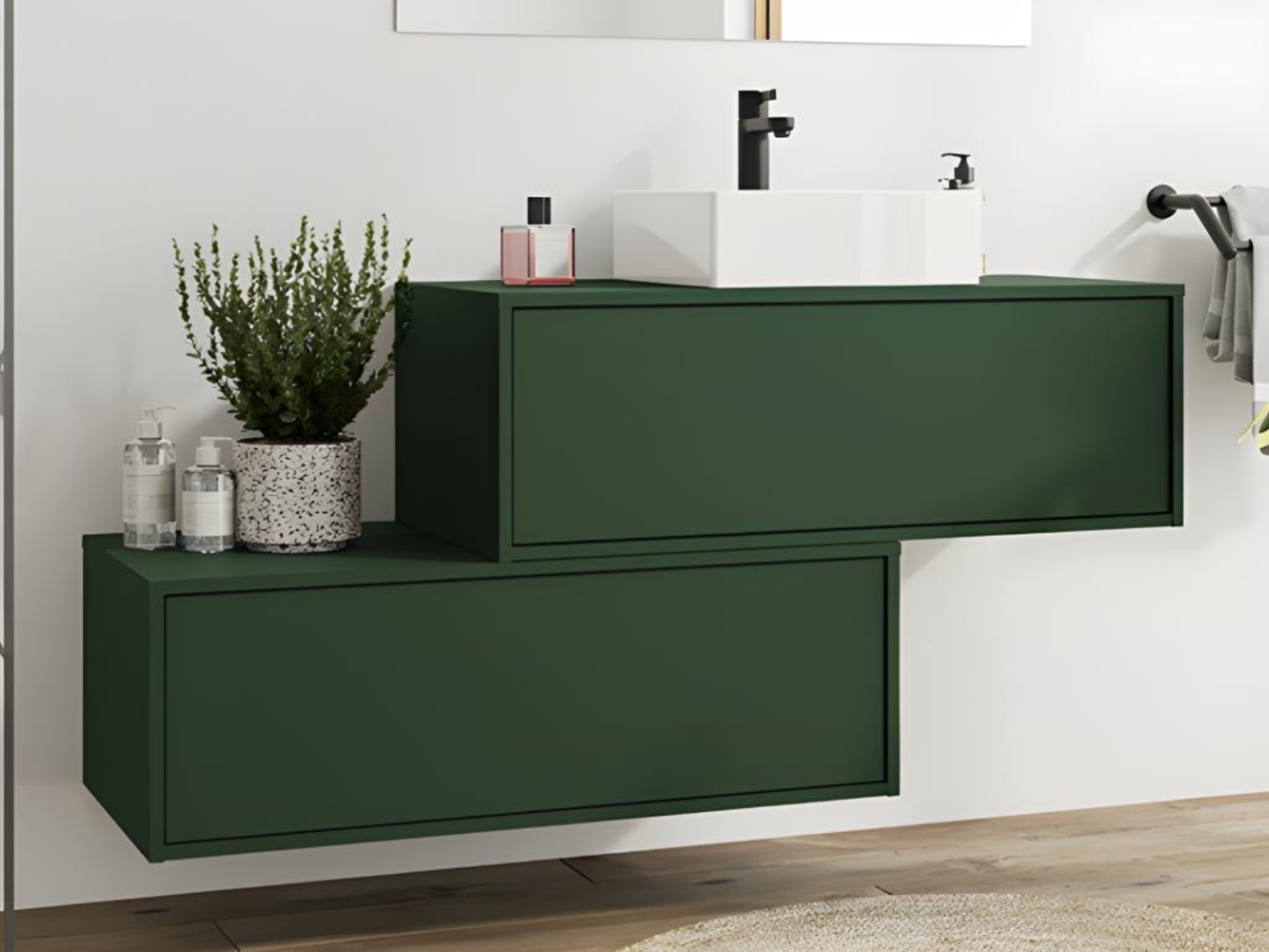 Vente-unique - Waschbeckenunterschrank hängend mit Einzelwaschbecken und 2 Schubladen - Grün matt - 94 cm - TEANA II Bild 1