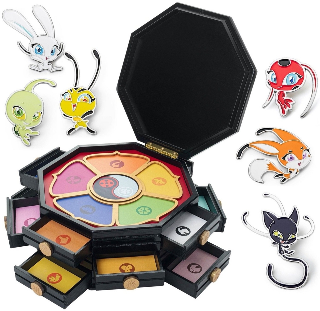 Corimori Spielzeugtruhe Miraculous Ladybug Schatulle aus Holz original, offiziell lizensiert, 2er Set aus Master Fu Miracle Box und 6 Pins Bild 1