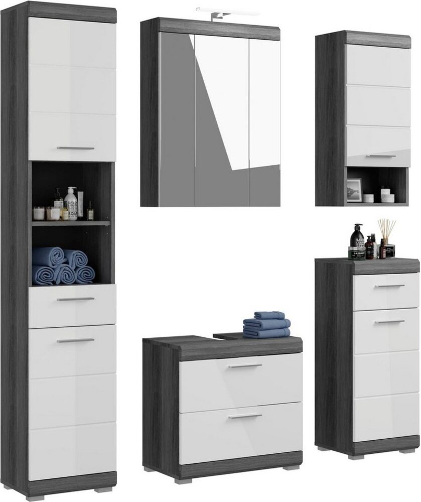 INOSIGN Badmöbel-Set Siena, 5 teilig, inklusive LED Beleuchtung, bestehend aus:, (Set, 5-St), Hochschrank, WBU, Spiegelschrank, Unterschrank, Hängeschrank Bild 1