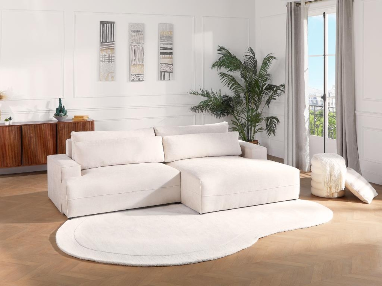 Vente-unique - Ecksofa mit Schlaffunktion - Ecke rechts - Strukturstoff - Beige - BREGLIO Bild 1