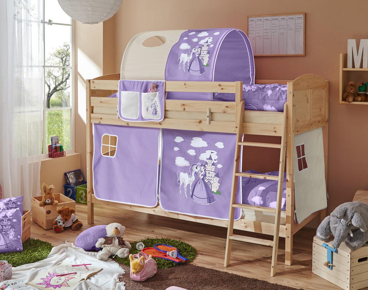 Etagenbett \"Erni Country\" 90x200 Kiefer massiv natur - Horse-Lila Bild 1