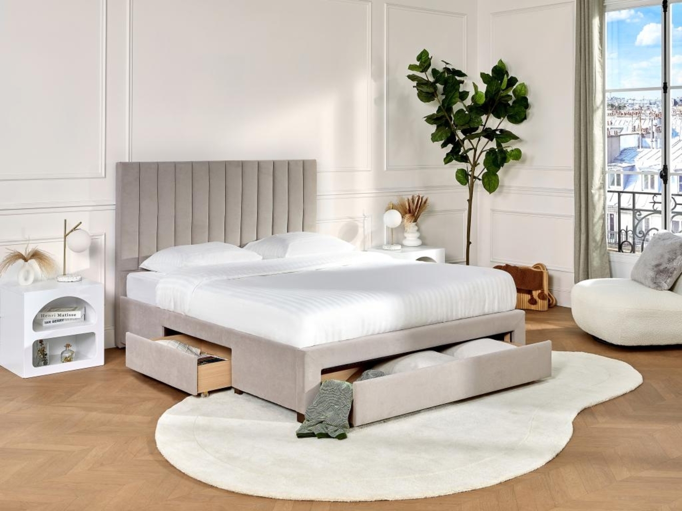 Vente-unique - Bett mit 3 Schubladen - 140 x 200 cm - Stoff - Beige - LIAKO Bild 1