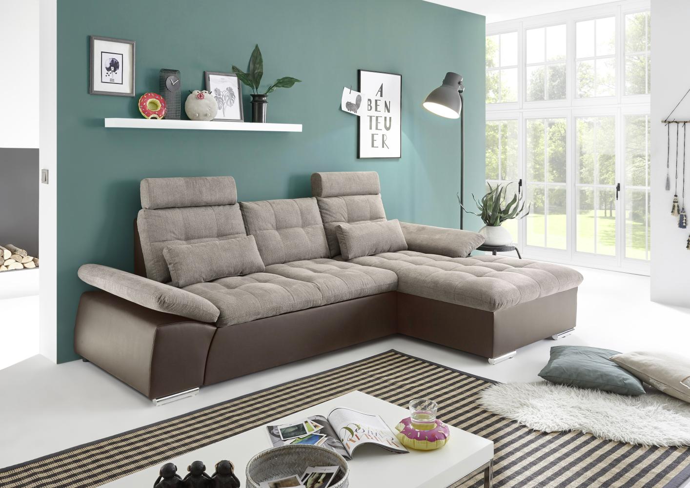 Ecksofa Couch Schlafcouch Schlafsofa Lederlook braun beige Ottomane rechts LForm Bild 1