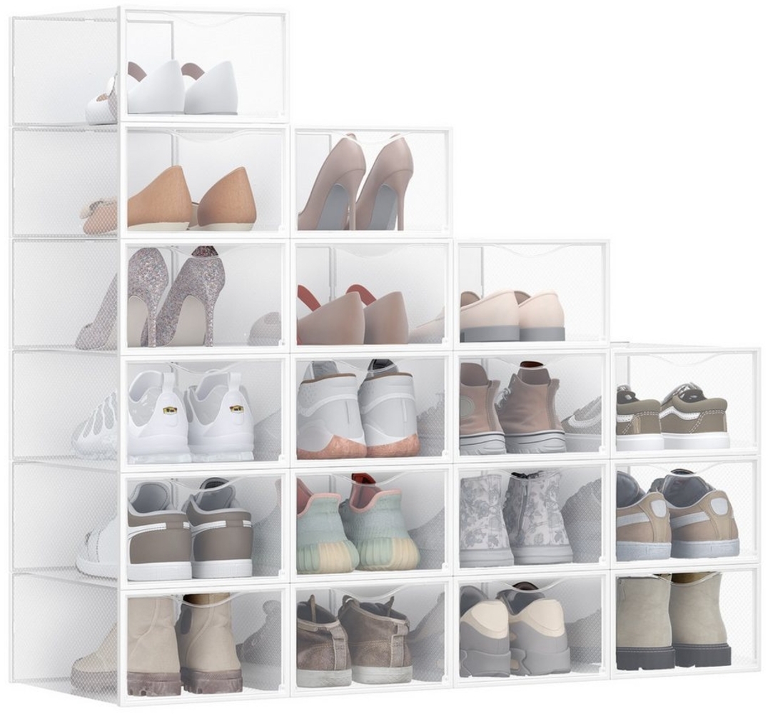 Schuhboxen, 18er Set, durchsichtig, aus Kunststoff, mit Tür, stapelbar, 33,2 x 23 x 14,5 cm, transparent-wolkenweiß Bild 1