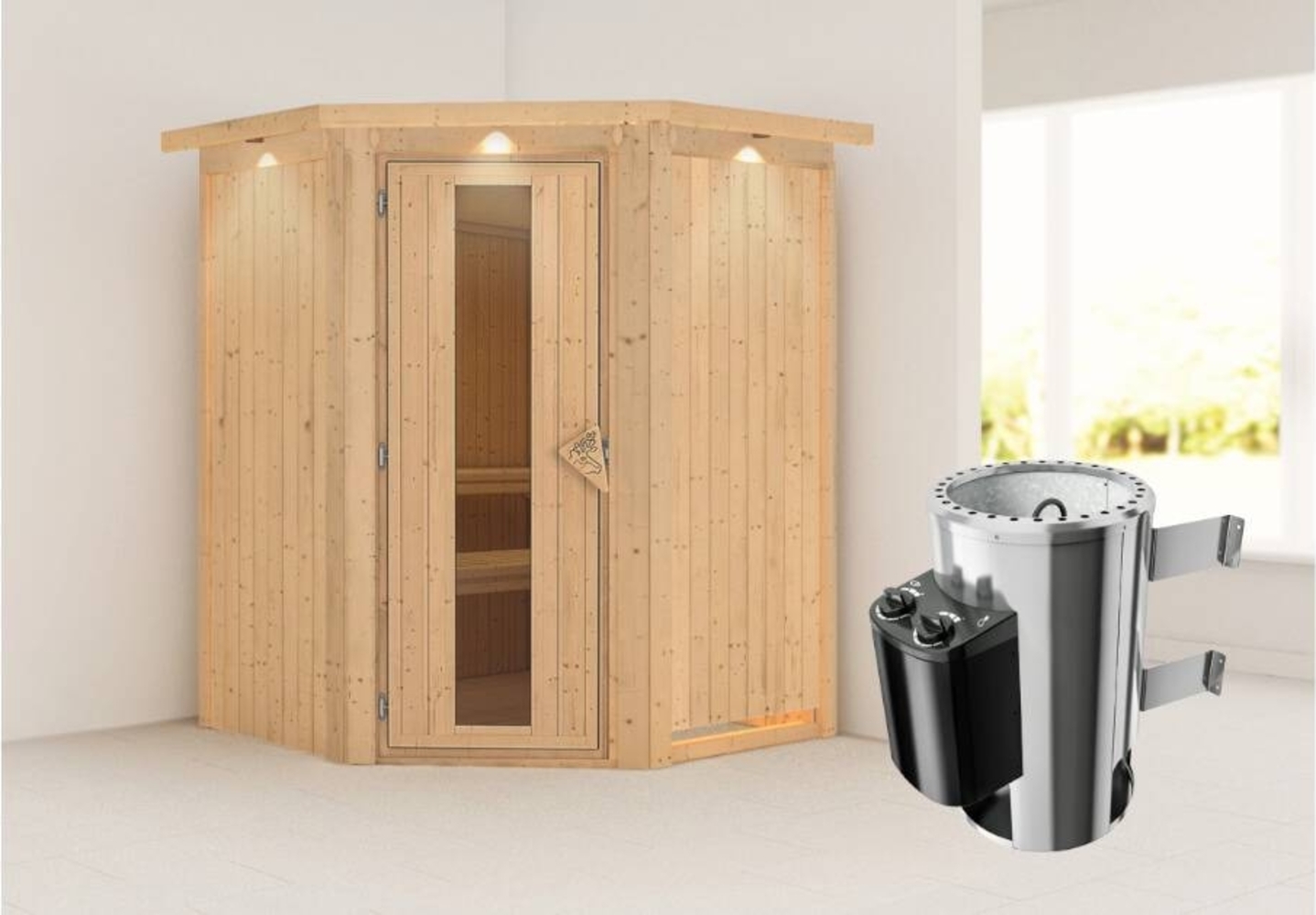 Karibu Sauna Nanja mit Dachkranz + 3,6kW Saunaofen mit integr. Steuerung Klarglas Ganzglastür Bild 1