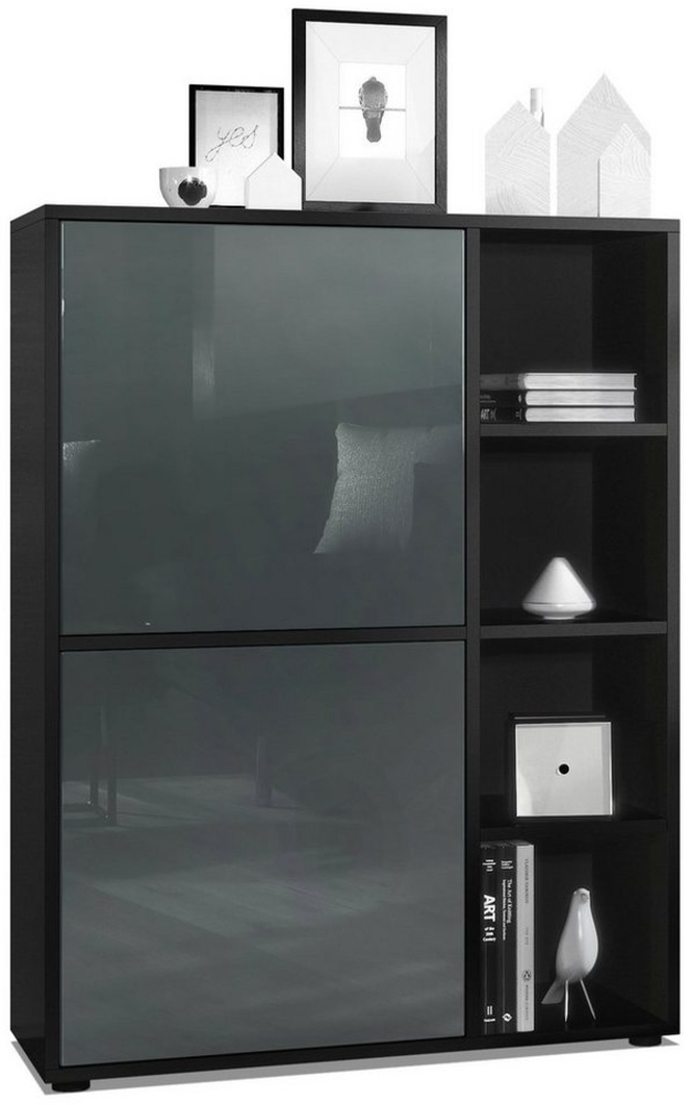 Highboard Schrank Anrichte Cuba mit 8 Fächern, Korpus in Schwarz matt / Fronten in Grau Hochglanz Bild 1