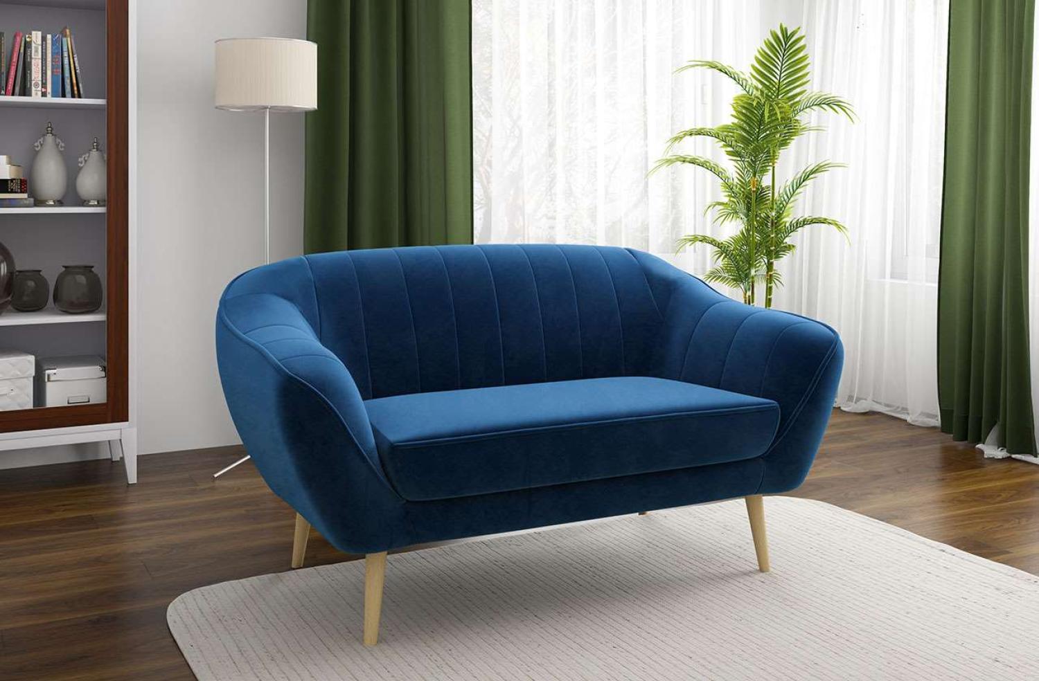 Klassische Sofas, hohe Holzbeine, Skandinavischer Stil - ELI - 2 Sitzer - Dunkelblau Velours Bild 1