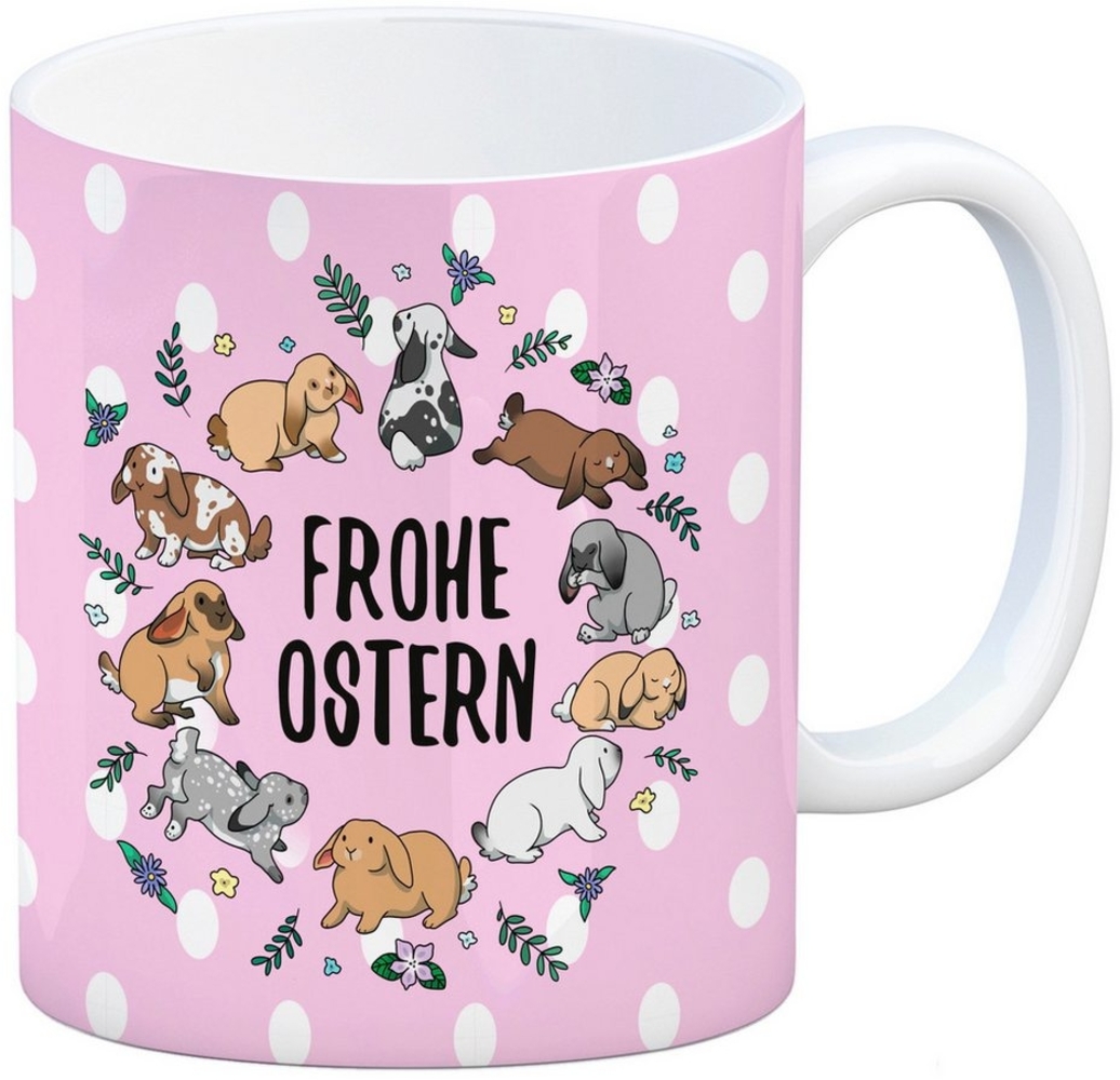 speecheese Tasse Frohe Ostern Kaffeebecher Ostereier rosa mit Hasenkranz Motiv Tasse Bild 1