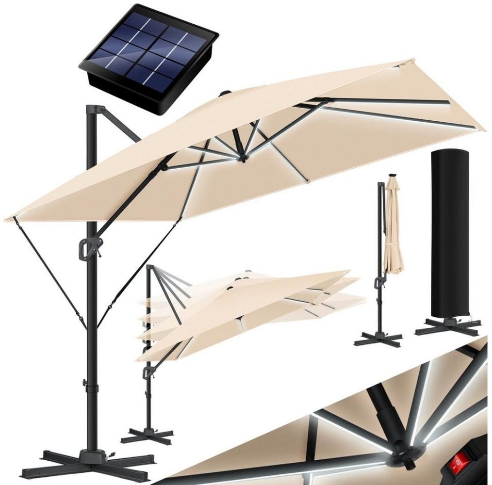 KESSER® Sonnenschirm Ampelschirm SUN XL 300x300 cm Inkl. Abdeckung +Windsicherung Drehbar Neigbar Kippbar Marktschirm Groß 360° Rotation, Gartenschirm mit Kurbel Sonnenschutz UV50+ Beige, Mit LED Bild 1