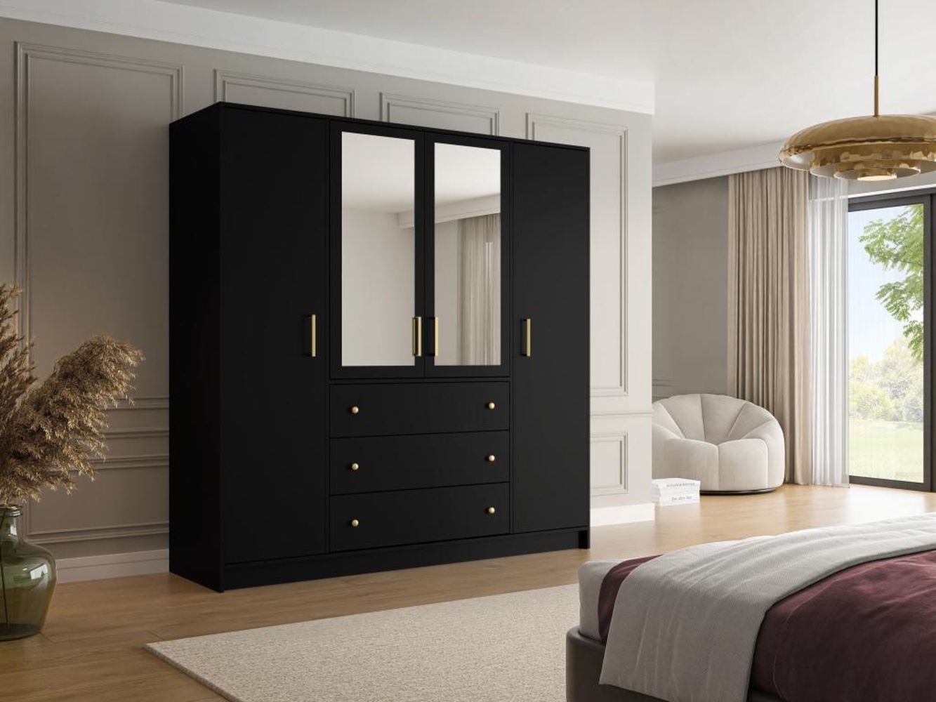 Vente-unique - Kleiderschrank mit 4 Türen & 3 Schubladen - Mit Spiegeln - 196 cm - Schwarz - LIZANDRO Bild 1