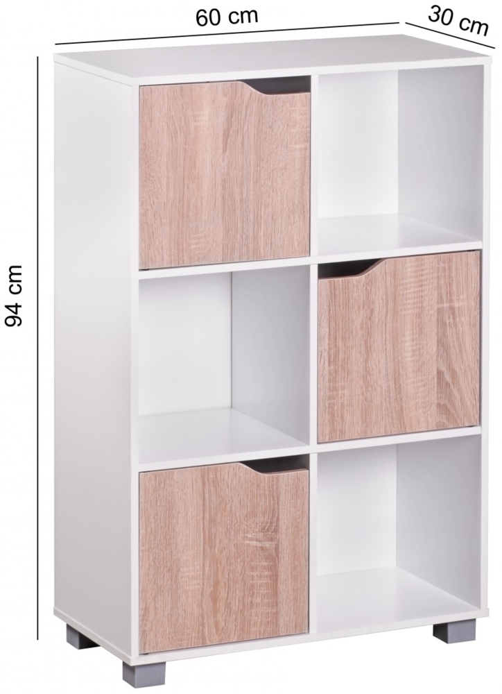 Design Bücherregal MASSA Modern Holz Weiß mit Türen geschlossen Sonoma Eiche Standregal freistehend 6 Fächer 60 cm Breit x 90 cm Hoch x 30 cm Tief Freistehend Büroregal klein Holzregal Bild 1