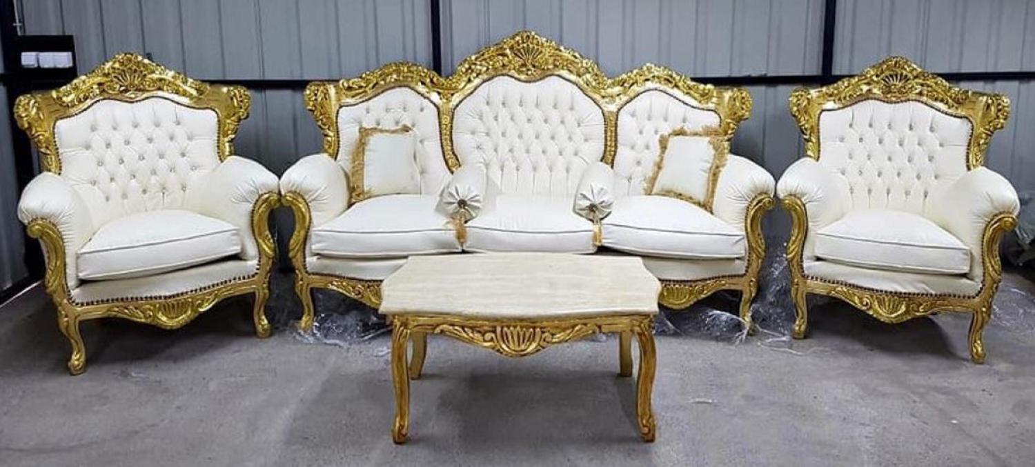 Casa Padrino Barock Wohnzimmer Set Weiß / Gold - 1 Barock Kunstleder Sofa & 2 Barock Kunstleder Sessel - Wohnzimmer Möbel im Barockstil - Barock Möbel - Barock Wohnzimmer Einrichtung Bild 1