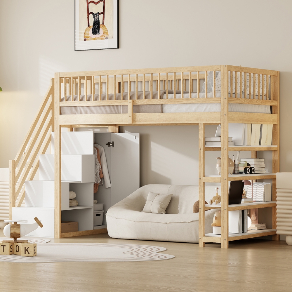 Merax Hochbett 90 x 200, Hochzaun-Sicherheitsdesign mit Kleiderschrank, Regalen und Stauraum mit Sicherheitskletterleiter, Multifunktionsbett, Massivholzbett, Holzfarbe Bild 1