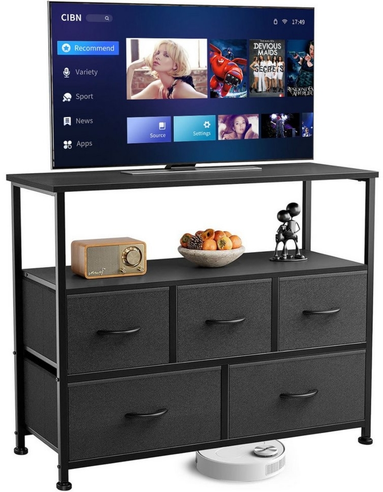 Refined Living TV-Schrank Stoffkommode mit 5 Schubladen mit Griffen stabilem Stahlrahmen (Hält 45“ TV mit offenen Regalen, Medienkonsole, Sideboards mit Holzoberfläche und Stoffschubladen TV-Board Lowboard) Kommode Geeignet für Kleidung, Kinder, Wohnrä... Bild 1