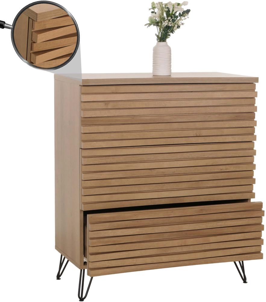 Kommode HWC-M49, Sideboard Schrank Highboard, 3D-Design 3 Schubladen Massiv-Holz Mango Metall 94x80x45cm ~ natur Bild 1