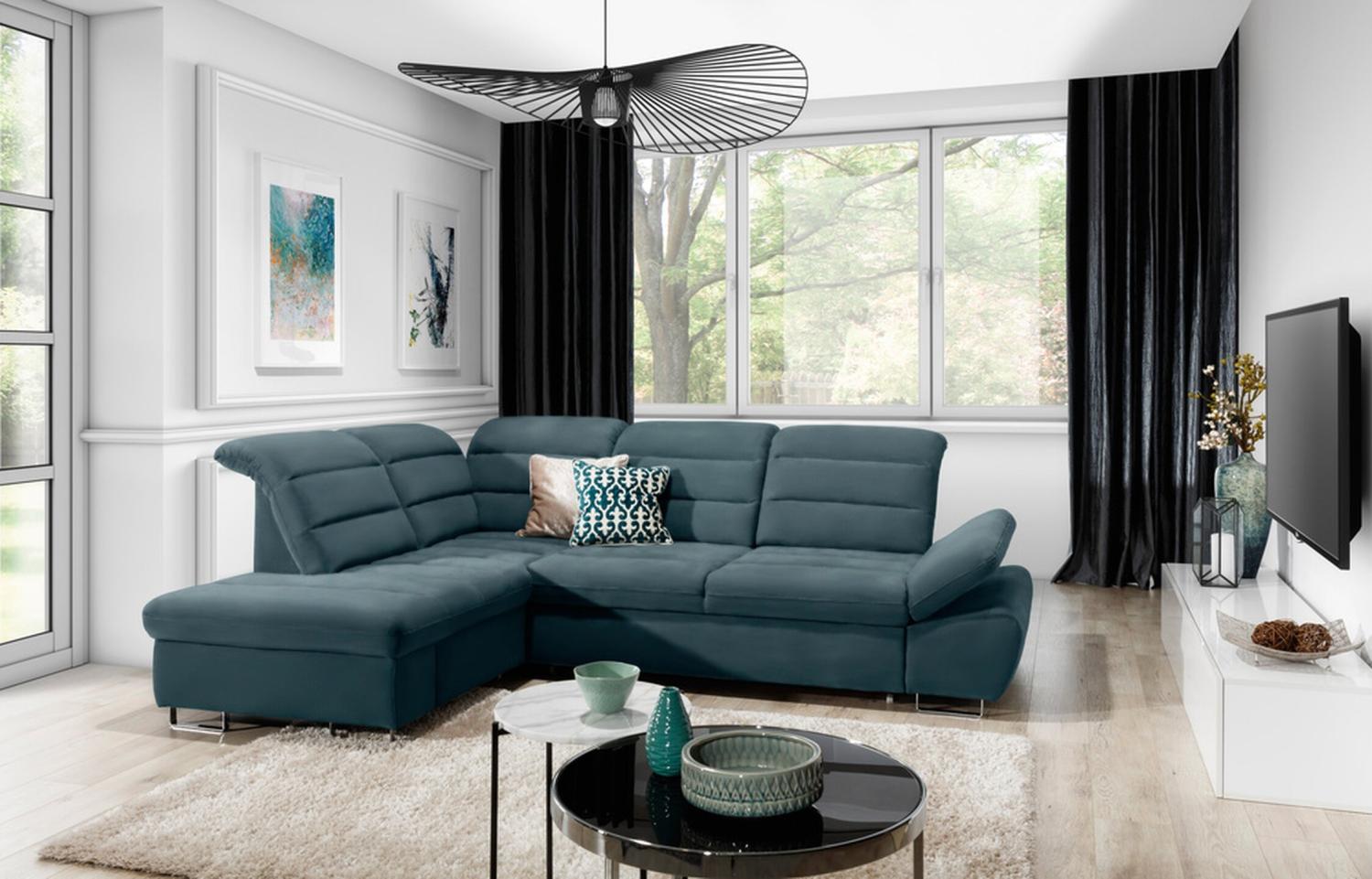 Stylefy Romillé Ecksofa Strukturstoff Türkis Links Bild 1