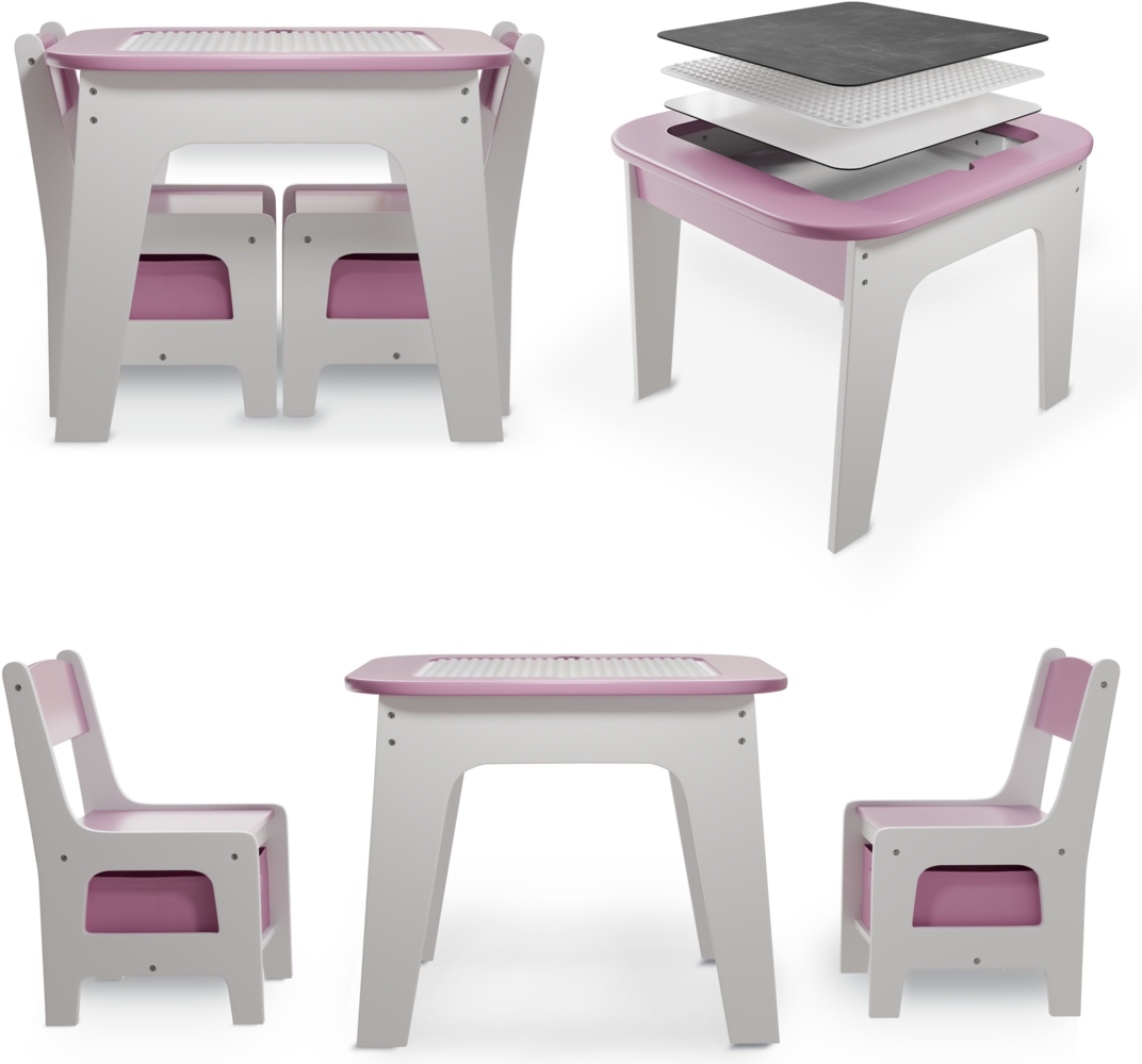 Juskys 'Milou' Kindersitzgruppe - Set mit 2 Stühlen & 1 Tisch, mit Stauraum, Holz, Rosa Bild 1