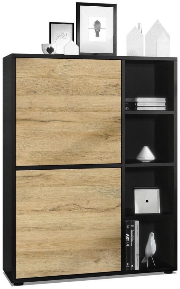 Highboard Schrank Anrichte Cuba mit 8 Fächern, Korpus in Schwarz matt / Fronten in Eiche Natur Bild 1