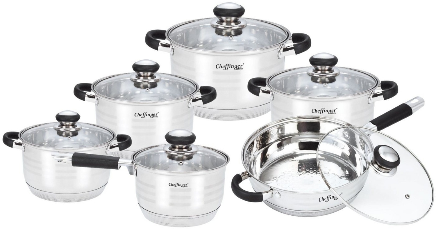 Cheffinger Kochtopf Pfannen Topfset Deckel 12-tlg Induktion Edelstahl SS1200BLK Bild 1
