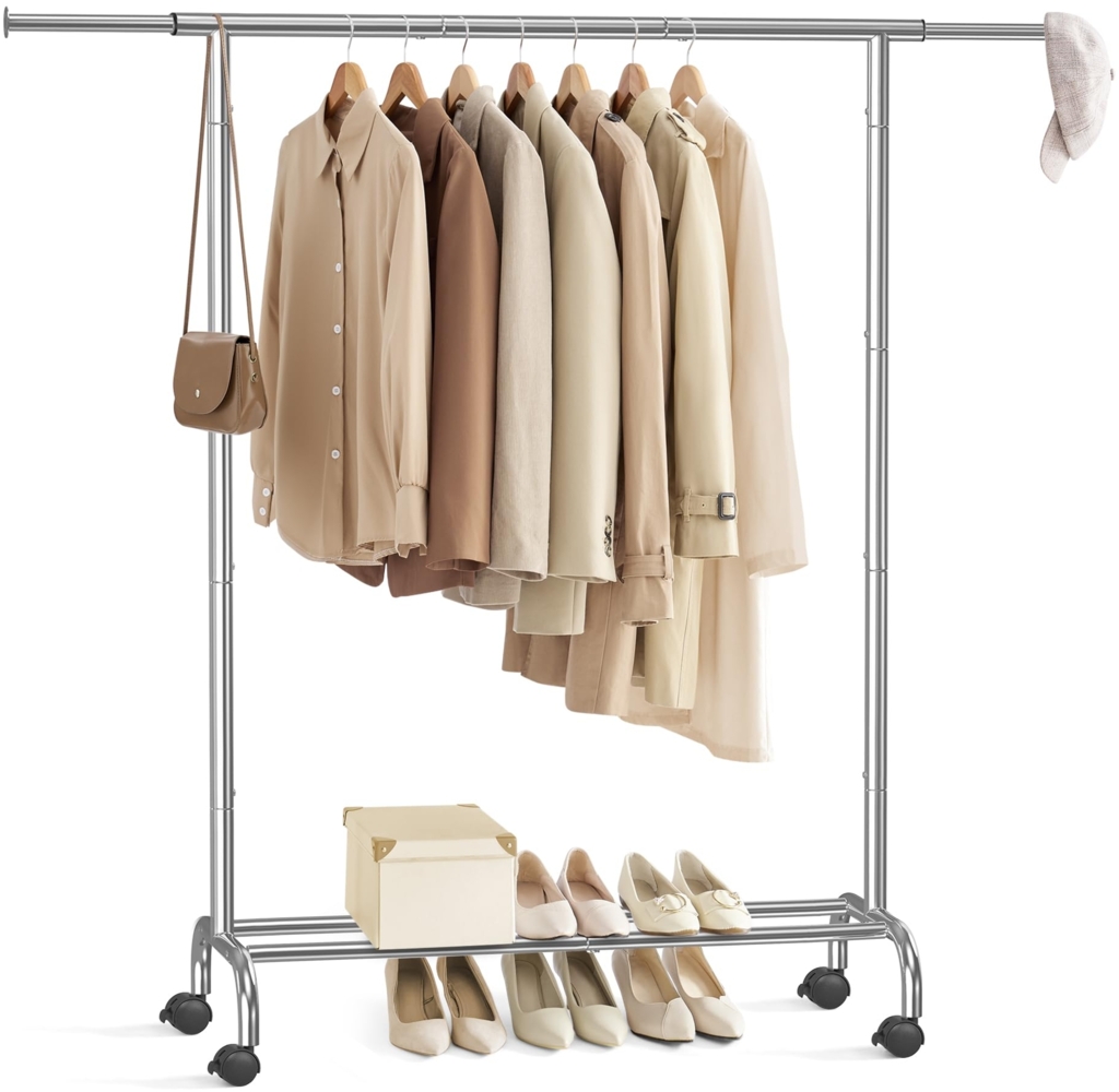 SONGMICS Stand Appendiabiti Con Ruote, Attaccapanni Estensibile in Metallo, Con Ripiano Portaoggetti Rialzato, 40 x (83-120) x 156 cm, Portata Totale 45 kg, Argento HSR134E01 Bild 1