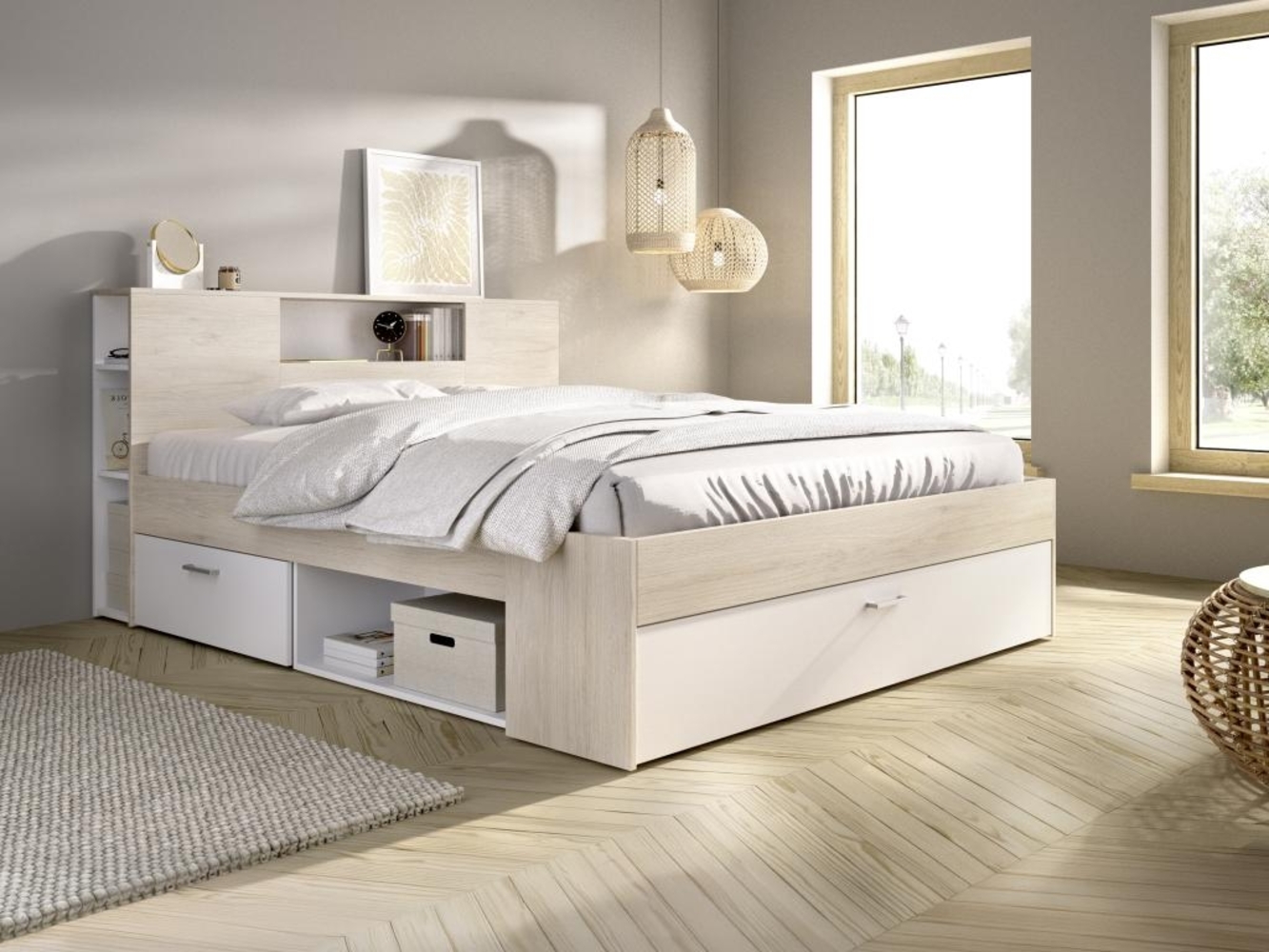 Vente-unique - Bett mit Kopfteil, Stauraum & Schubladen + Lattenrost + Matratze - 180 x 200 cm - Holzfarben & Weiß - LEANDRE Bild 1