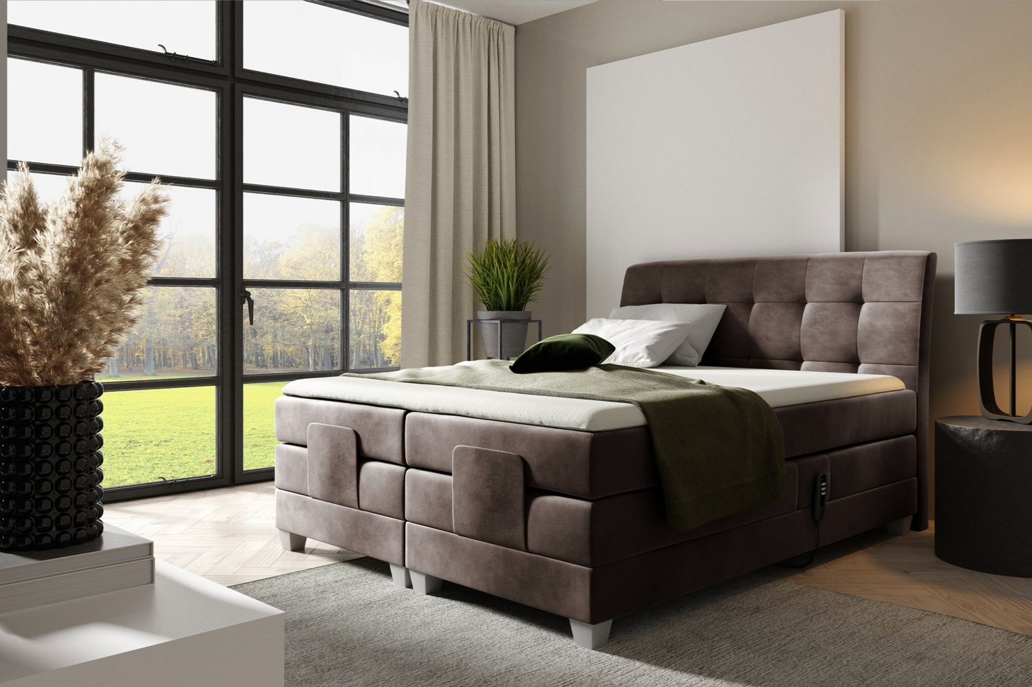 MEBLINI Boxspringbett Elektrisch DANTE 200x200 cm mit Bettkasten – H3/Braun Samt Polsterbett - Doppelbett mit Toppers & Taschenfederkern-Matratzen Bild 1