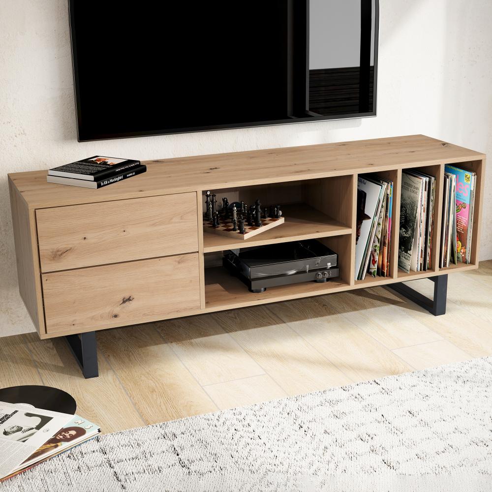 FineBuy Lowboard Eiche-Dekor 150x55x40 cm TV-Kommode Modern, Design TV-Schrank Hoch, Fernsehtisch Fernsehschrank mit Schubladen & Regal, Fernsehkommode Wohnzimmer Braun Bild 1