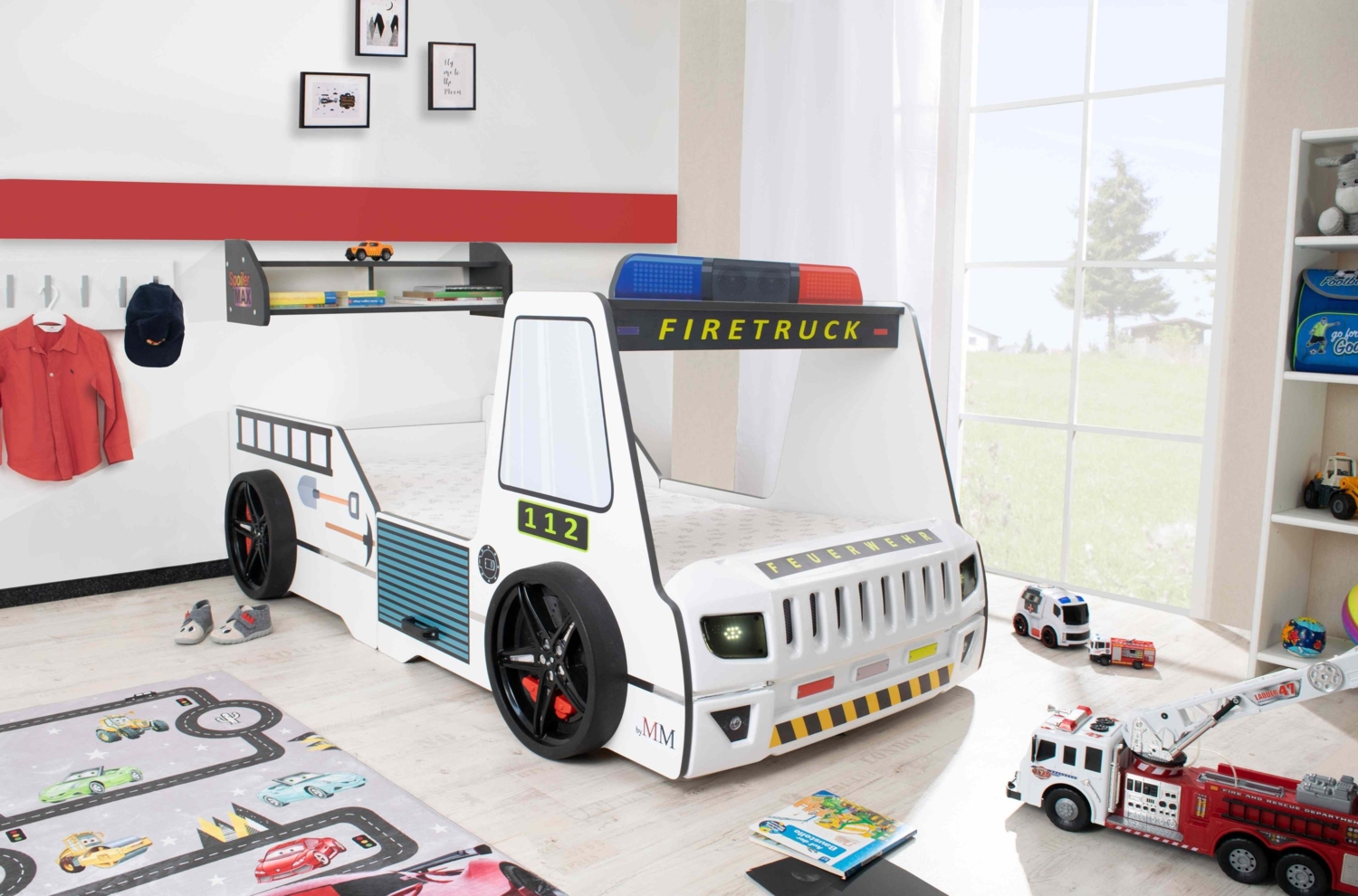 Autobett Kinder 90x200 cm Feuerwehrbett "Rio Firetruck" mit LED-Licht und Sirenenoptik Weiß, Creativ Fresh Plus H2, ohne Bettwäsche, Spoiler Regal Bild 1