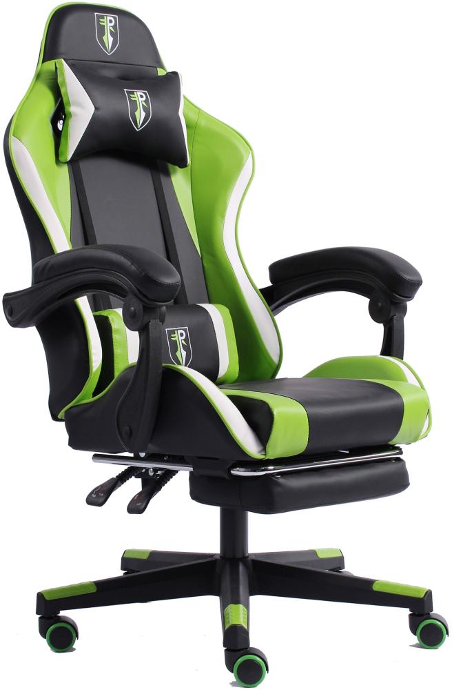 Gaming Chair im Racing-Design mit flexiblen gepolsterten Armlehnen - ergonomischer PC Gaming Stuhl in Lederoptik - Gaming Schreibtischstuhl mit ausziehbarer Fußstütze und extra Stützkissen Schwarz/Grün-Weiß Bild 1