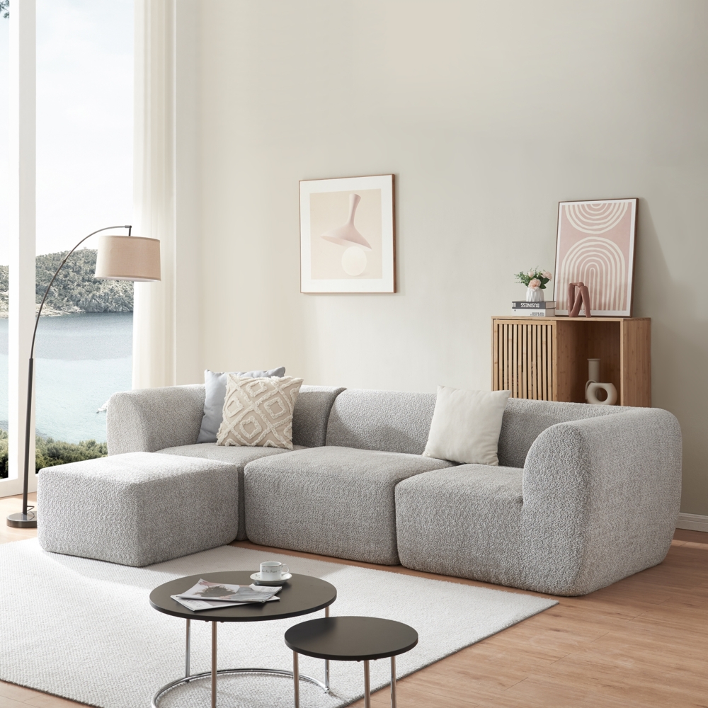 Modular Sofa 3-Sitzer Hurvas mit Longchair Bouclé Grau [en. casa] Bild 1